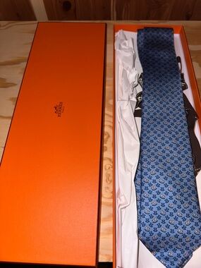 Hermes Rocking Horse Tie In Hand-Sewn Silk Twill Ciel Indigo Orange